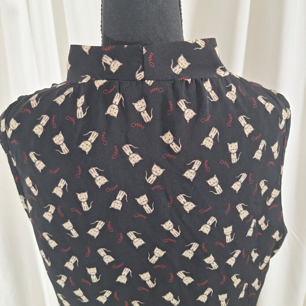 Jessie B Cat Print Tie-Neck Blouse XL Black Cream Retro Office Casual Top - Picture 5 of 16